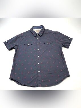 JACHS New York Blue Red Bee Print Short Sleeve Button Down Shirt Size XL